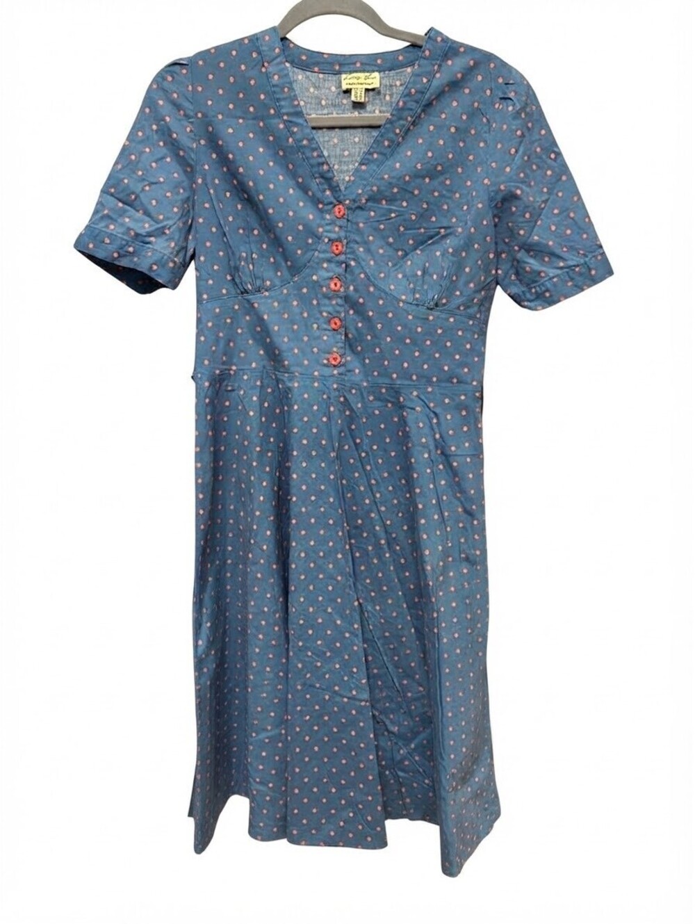 Lindy Bop Vintage Style Blue Pink Polka Dot Flare Dress Short Sleeve Belted XL
